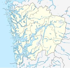 Mapa konturowa Hordalandu, po lewej znajduje się punkt z opisem „Bryggen”