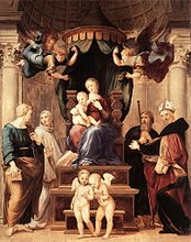 The Madonna on a baldachin surrounded by saints and angels