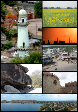 Raichur district montage Clockwise from top left:Ek Minar Masjid in Raichur, Sunflower fields near Buddinni, Raichur Thermal Power Station, Channamma Circle Sindhanur, Mudgal fort, Mavina kere(lake) in Raichur, outer view of Rock edicts of Ashoka at Maski.