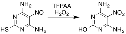 Oxidation of 4,6-diamino-5-nitrosopyrimidine-2-thiol with trifluoroperacetic acid and hydrogen peroxide to 4,6-diamino-5-nitropyrimidine-2-ol