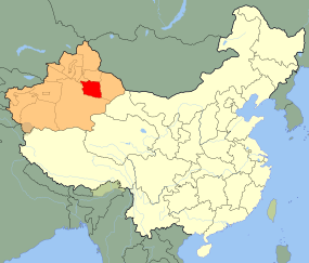 Turpans läge i Xinjiang, Kina.