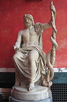Marble statue of Asclepius on a pedestal, symbol of medicine in Western medicine