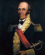 Portrait depicts a balding man with sideburns in a dark blue uniform with gold epaulettes and buff facings.