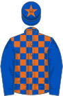 Orange and royal blue check, royal blue sleeves, royal blue cap, orange star