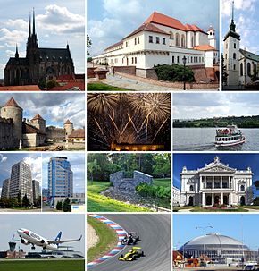 Montage o Brno • Left, row 1: Cathedral o St. Peter an Paul on Petrov hill • Left, row 2: Veveří Castle • Left, row 3: Heich-rise biggins • Left, row 4: Brno-Tuřany Internaitional Airport • Middle, row 1: Špilberk Castle • Middle, row 2: Ignis Brunensis internaitional firewirk competition • Middle, row 3: Pairk Lužánky • Middle, row 4: Masaryk Circuit, the Brno racin circuit • Richt, row 1: Kirk o St. James • Richt, row 2: A ship on Brno reservoir • Richt, row 3: Mahen Theatre, a pairt o the Naitional Theatre in Brno • Richt, row 4: A pairt o the Brno Exhibeetion Centre