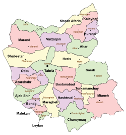 Location of Ajab Shir County in East Azerbaijan province (center left, green)