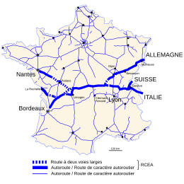 Carte de France des autoroutes et routes de type autoroutier mettant en évidence les branches de la RCEA