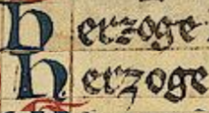 Le mot allemand ‹ Herzoge › écrit avec un z barré (autre variante stylistique de z) et avec un z hameçon indistinctement dans le Codex Manesse (1304).