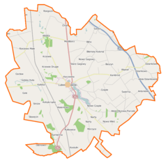 Mapa konturowa gminy Lubień Kujawski, w centrum znajduje się punkt z opisem „Lubień Kujawski”