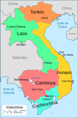 Mapa de la Indochina francesa. Tonkín (naranja) hacia el norte.