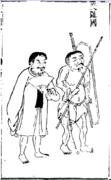 Left: Illustration of a Vietnamese man (left) wearing áo viên lĩnh (the predecessor of áo dài) in Sancai Tuhui, early 17th century during the Lê dynasty.