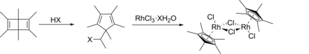 C6Me6 reacts with RhCl3.xH2O to form the dimer [(η5-C5Me5)RhCl(μ-Cl)]2