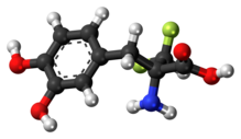 Ball-and-stick model of α-difluoromethyl-DOPA