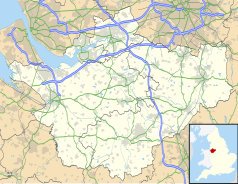 Mapa konturowa Cheshire, u góry znajduje się punkt z opisem „Lymm”