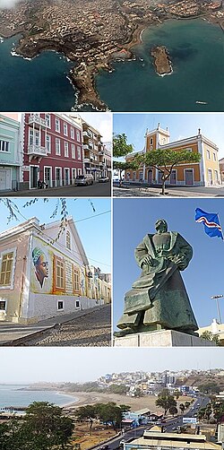 順時針方向：普拉亞鳥瞰圖、普拉亞市政廳、迪奧戈·戈梅斯紀念碑、普拉亞景觀、阿米爾卡·卡布拉爾基金會、伊爾多·洛博（英語：Ildo Lobo）文化宮