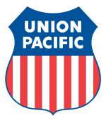 Shield of red, white, and blue with Union Pacific text