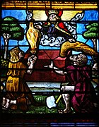 Scène des offrandes, symbole chrétien de la perception de la dîme par la hiérarchie ecclésiastique, vitrail de la Création, début du XVIe siècle, église de la Madeleine de Troyes.