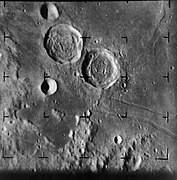 Image of the Moon from 302 km, two and a half minutes before impact, showing the craters Ritter and Sabine.