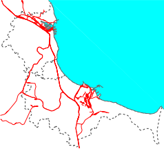 Mapa konturowa Trójmiasta, u góry po lewej znajduje się punkt z opisem „Gdynia Chylonia”