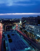 Northwest view towards Freedom Plaza at dusk