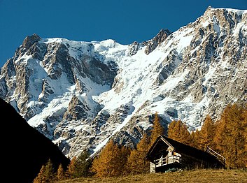 Monte Rosa's 2,400-metre-high (7,900 ft) east face, as seen from upper end of Valle Anzasca (Piedmont, Italy)