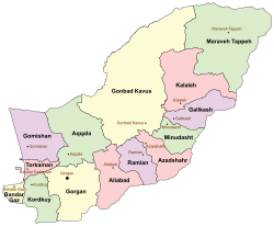 Location of Gonbad-e Kavus County in Golestan Province (top, yellow)