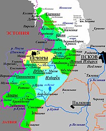 Carte du raïon de Petchory divisé en volosts (depuis dissouts), avec la situation d'Izborsk.