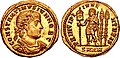 Solidus of Constantine II as caesar (aged 19), marked: constantinus iun· nob· caes· on the obverse ("Constantine Junior, Noblest Caesar") and principi iuventutis (Princeps of youth) on the reverse