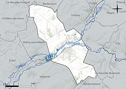 Carte en couleur présentant le réseau hydrographique de la commune