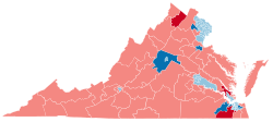 A map of Virginia showing the results of the 2023 Virginia House of Delegates election, with Republican districts in red and Democratic districts in blue, with heavier shading showing which changed parties.