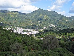 View of Adjuntas Pueblo and El Gigante Dormido from a nearby mountain.