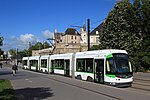 Incentro train of the Nantes tramway in front of the castle of the Dukes of Brittany in 2014