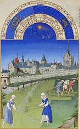 Les très riches heures du duc de Berry, juin. Fauchage et mise en meules, devant le palais de la Cité, Paris, vers 1450.