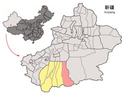 Niya County (red) in Hotan Prefecture (yellow) and Xinjiang