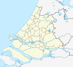 Mapa konturowa Holandii Południowej, blisko centrum na prawo znajduje się punkt z opisem „Gouda”