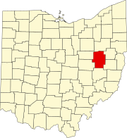 Map of Ohio highlighting Tuscarawas County