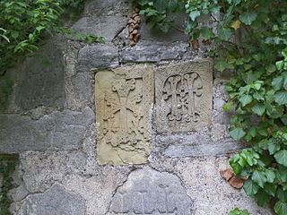 Armenian khachkars in the wall in the monastery of St. Yeghishe