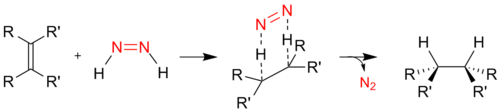 Mechanism of hydrogenation using diimide.