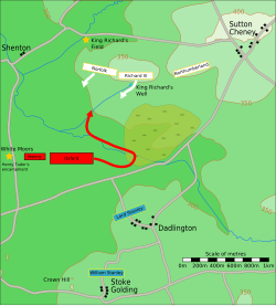 Battlefield map. Three white boxes are across the top; arrows extend downward from the left two, labelled "Norfolk" and "Richard III", but not from the right one, "Northumberland". Two red boxes are at mid-left: the smaller is "Henry", and the larger, "Oxford" has an arrow going right and then reversing up. Two stationary blue boxes near the bottom are labelled "Lord Stanley" and "William Stanley".