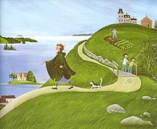 This image shows an older Miss Rumphius dressed in a long, green cloak walking along a winding path that overlooks the sea. As she walks, she scatters lupine seeds on either side of the path. A couple of children look on, puzzled by her actions.