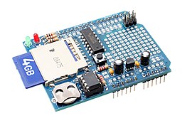 Adafruit Datalogging Shield with a Secure Digital (SD) card slot and real-time clock (RTC) chip along with some space for adding components and modules for customization