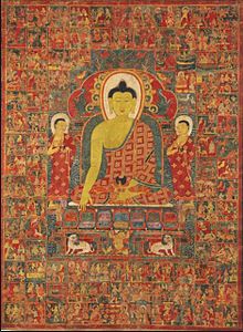 Thangka de Buda com os Cem Contos Jataka. Tibete, século XIII-XIV