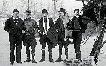 From left to right: Joe Crosson (brother of Marvel Crosson), Mavriky Slepnyov, Georgy Ushakov, Sigizmund Levanevsky, radio operator of Ladd Army Airfield in Alaska during the expedition to rescue the crew of SS Chelyuskin.