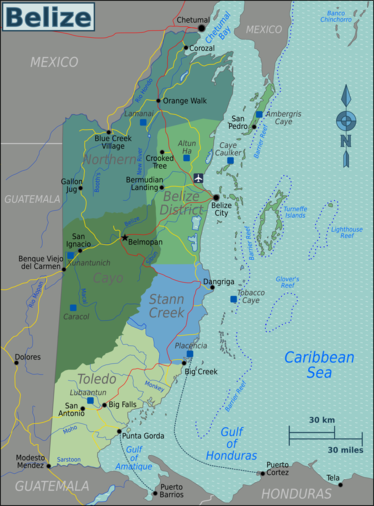 Mapa regionů Belize