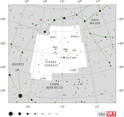 Diagram showing star positions and boundaries of the Canes Venatici constellation and its surroundings