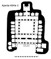 Ajanta, Plan du vihara 1. Au centre, grande salle délimitée par des piliers. Sur les côtés, cellules des moines. Au fond, abside pour la statue de Bouddha.