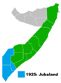 Terytoria Somali Brytyjskiego (na szaro), Somali Włoskiego (na zielono) i Jubalandu (na niebiesko)