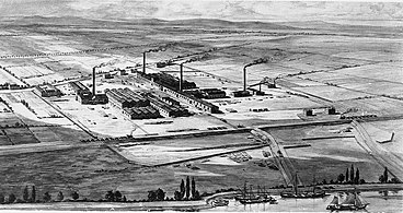 Piirros Basfin tehtaista vuonna 1866.