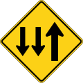 W6-5 Two-way traffic (3-Lane, two lanes in the opposing direction)