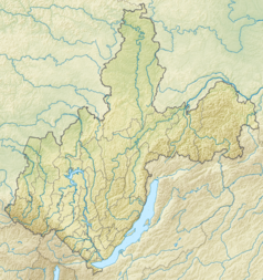 Mapa konturowa obwodu irkuckiego, blisko centrum na prawo znajduje się punkt z opisem „źródło”, natomiast po prawej znajduje się punkt z opisem „ujście”